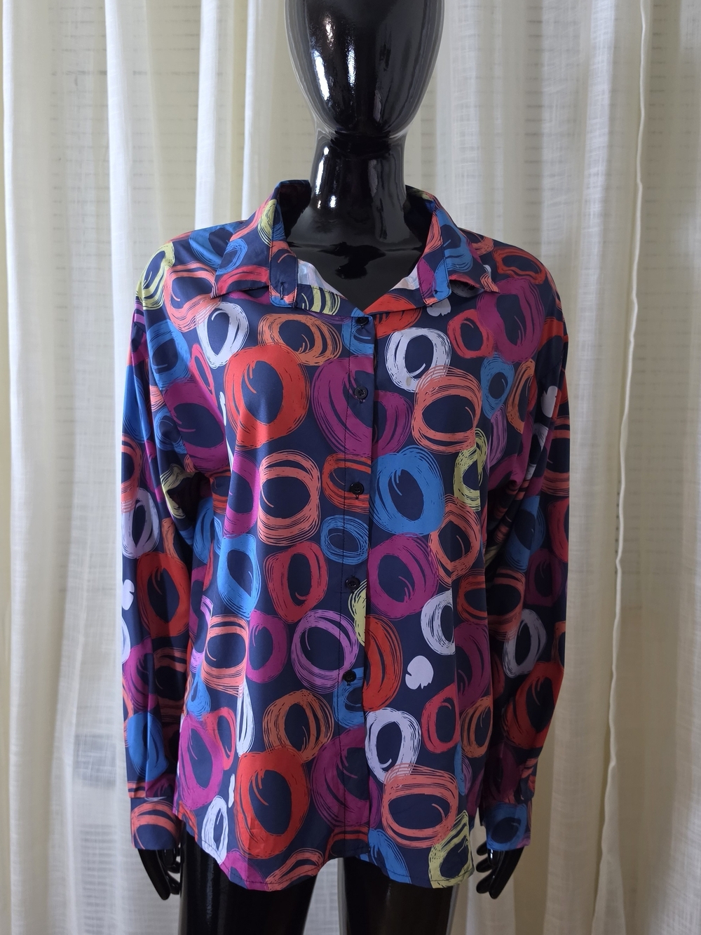Women's Navy Button-Down Shirt with Multicolor Circle Print